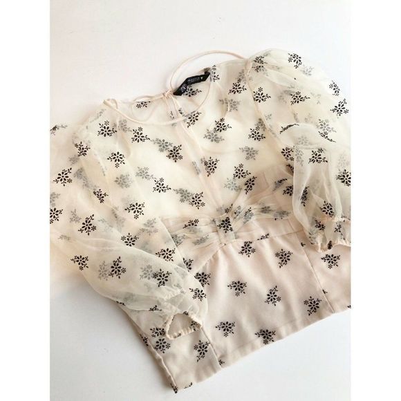NWOT ZARA Sheer Organza Velvet Floral Puff Sleeve Bustier Crop Top Blouse Size S - Picture 6 of 13